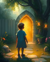 A child stumbles upon an enchanting portal in their own backyard, radiating a warm, golden glow. This digital painting captur