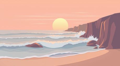 A serene pastel-colored illustration depicting gentle waves crashing against dramatic cliffs under a soft, beautiful sunset s
