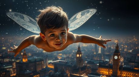 A captivating photorealistic image depicts a young boy with cherubic features, soaring above a detailed London cityscape.  Il