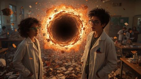 In a dramatic, high-contrast cinematic photo reminiscent of a Pixar film, two diverse science fair students stand in their ex