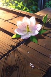 A solitary magnolia blossom, adorned with delicate morning dew, rests gracefully upon a rustic, weathered wooden table. This 
