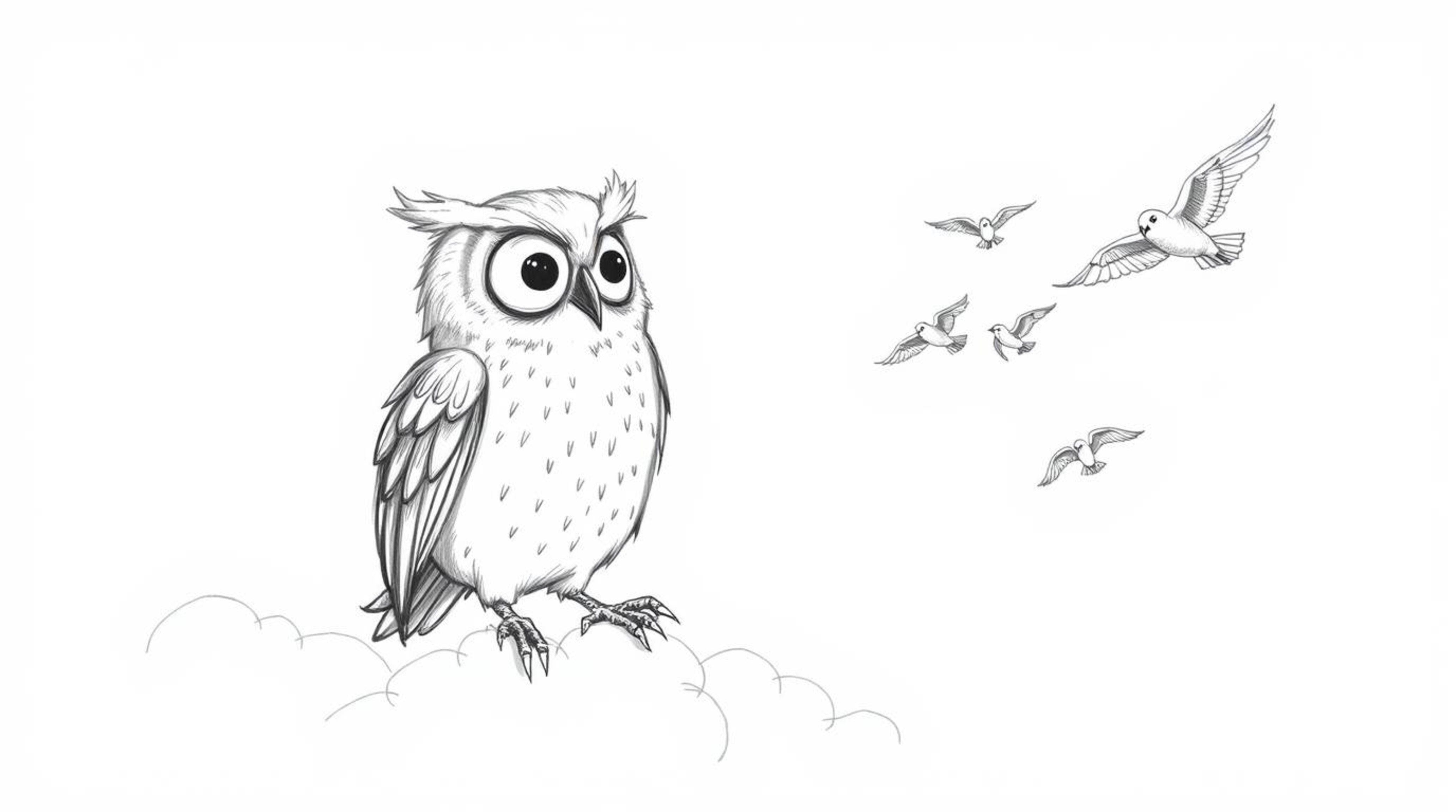 A heartwarming hand-drawn sketch in the style of Pixar depicts a blind owl, its soft feathers meticulously rendered, guiding 