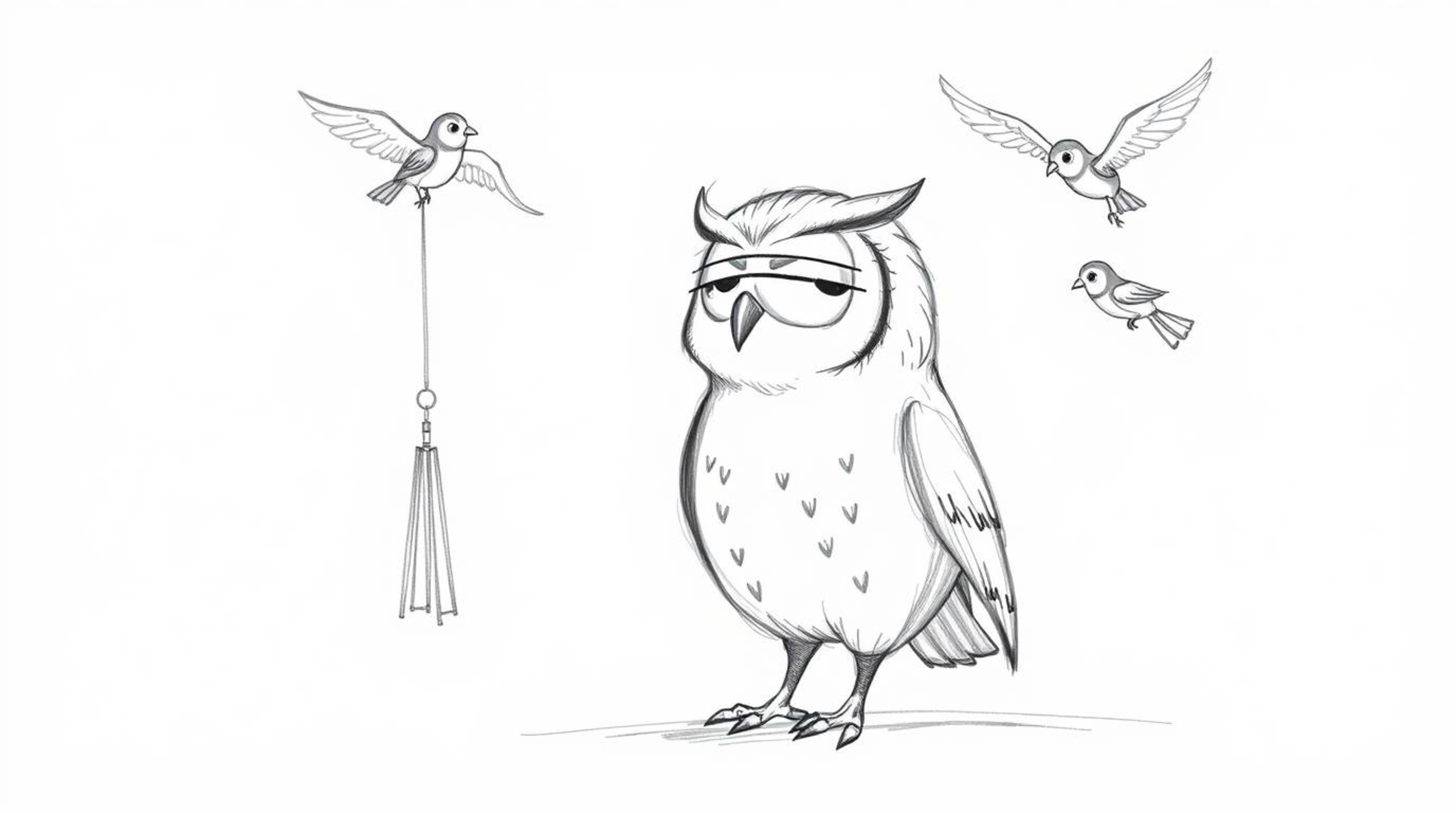 This collection of JSON objects describes a hand-drawn sketch in the style of Pixar, showcasing a blind owl with soft, rounde