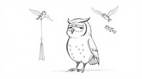 This collection of JSON objects describes a hand-drawn sketch in the style of Pixar, showcasing a blind owl with soft, rounde