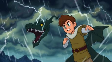 A high-resolution stock photo showcases a charming prince with a determined expression locked in battle with a fearsome drago