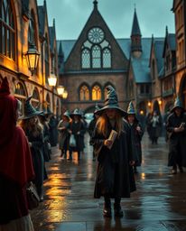 This professional fine art photograph captures a magical school teeming with young wizards on a wet and rainy day. The image 