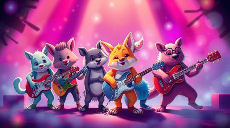 Discover a captivating image of a cartoon animal rock band, rendered in an ethereal style.  Vibrant electric colors, soft foc