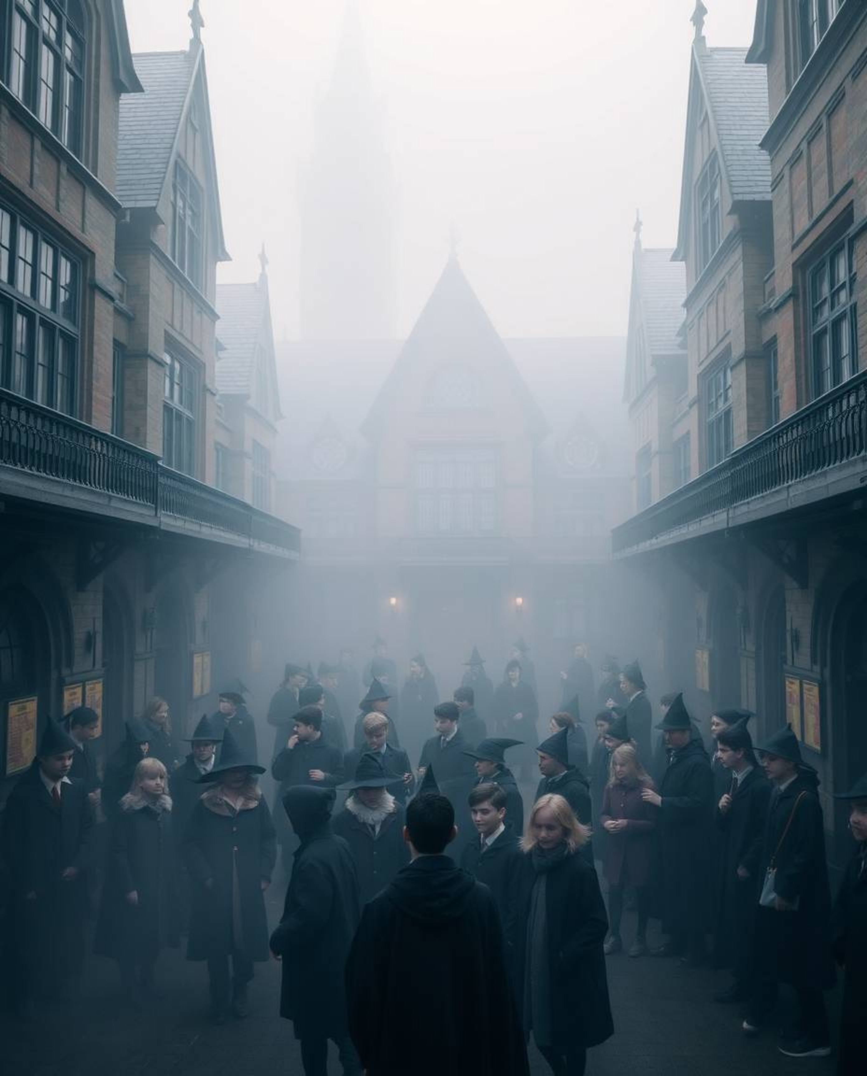 A captivating architectural photograph showcases a magical school teeming with young wizards, shrouded in a thick fog that dr