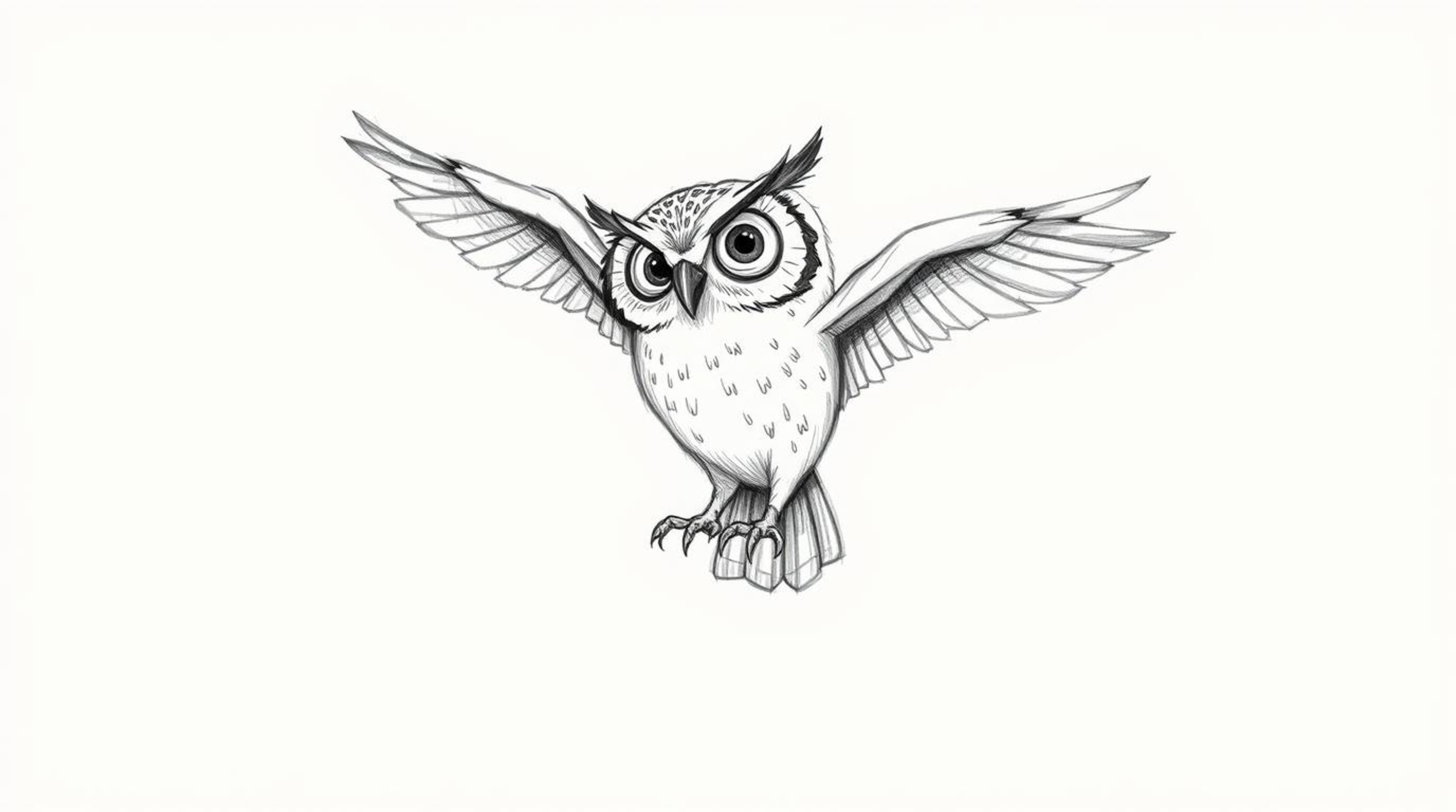 A hand-drawn Pixar-style sketch features a blind owl with textured pencil strokes, teaching birds to fly against a clean whit