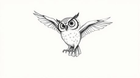 A hand-drawn Pixar-style sketch features a blind owl with textured pencil strokes, teaching birds to fly against a clean whit