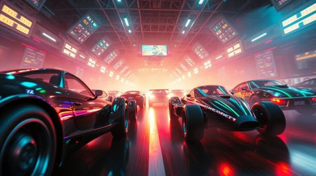 Experience a massive scale, heroic, and wacky racing scene featuring outlandish cars, all bathed in epic lens glow lighting. 