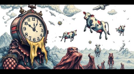 A captivating surreal dreamscape tattoo art print features melting clocks and floating cows.  Rendered in vibrant colors with