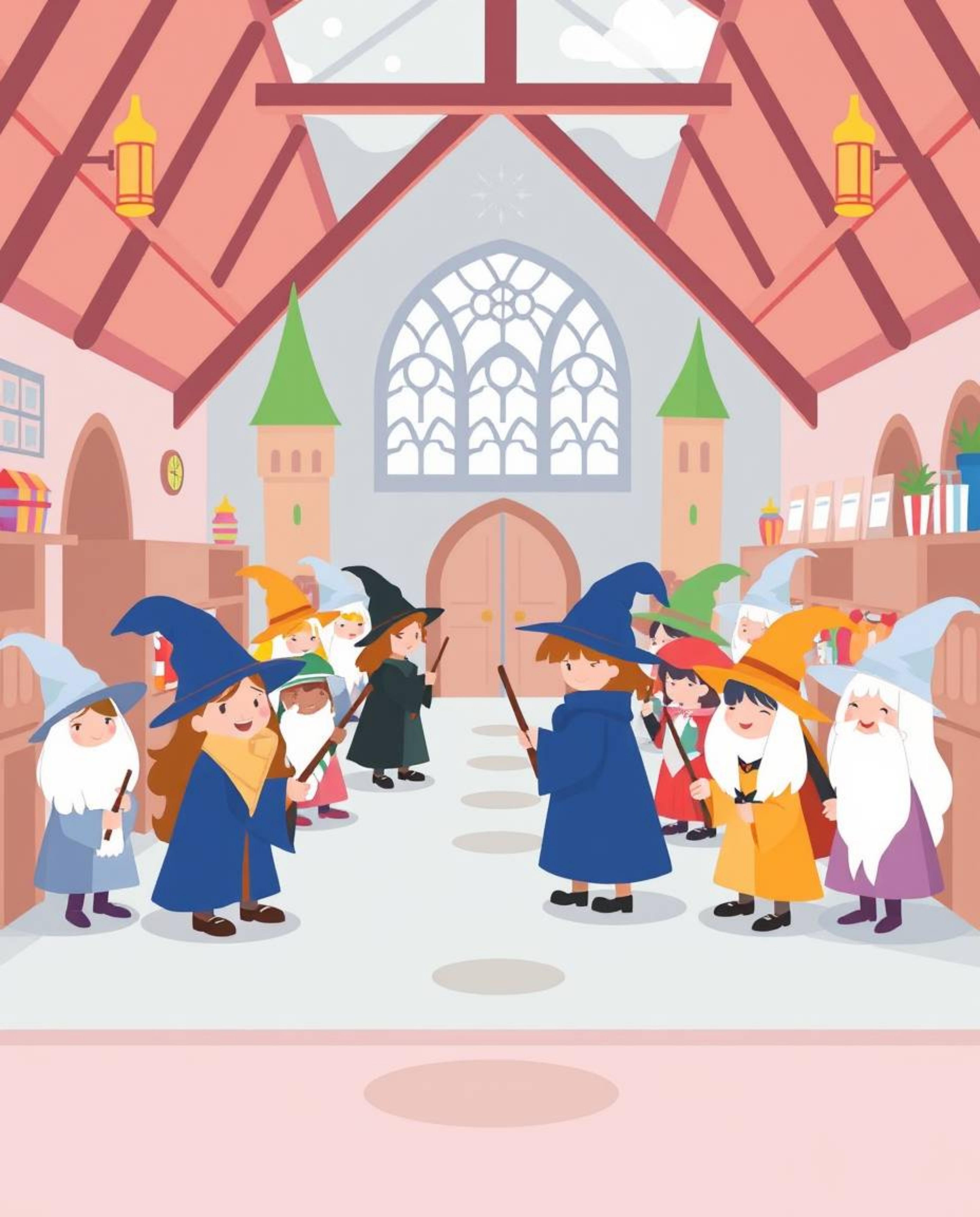 Discover a charming magical school brimming with young wizards, illustrated in a delightful modern flat design with soft past