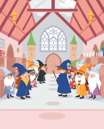 Discover a charming magical school brimming with young wizards, illustrated in a delightful modern flat design with soft past