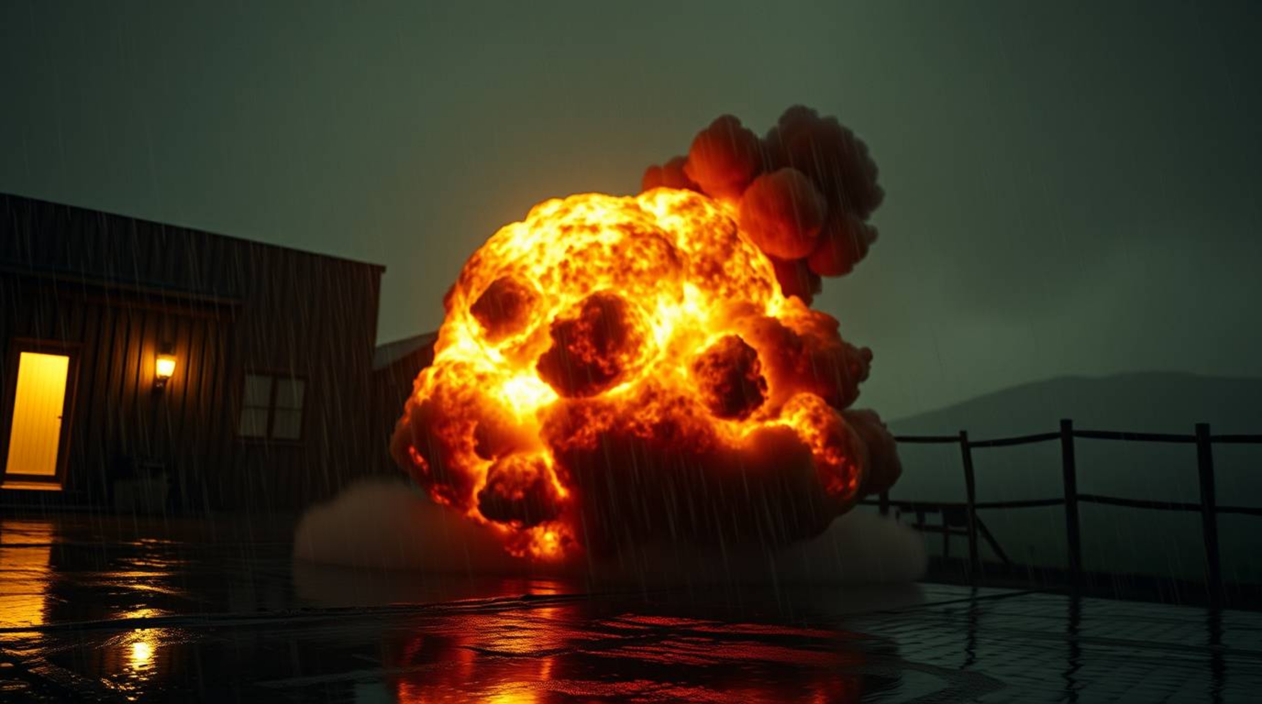 A moody, low-contrast scene depicting a classic exploding TNT gag in the wild west unfolds on a wet, rainy day. Drizzling rai