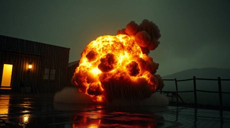 A moody, low-contrast scene depicting a classic exploding TNT gag in the wild west unfolds on a wet, rainy day. Drizzling rai