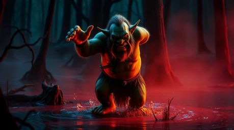 Experience the vibrant and dramatic scene of an ogre dancing in a swamp, captured in a cinematic style with film-like composi