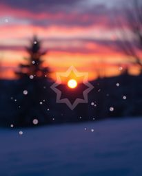 This is a geometric logo design capturing the serene scene of snowflakes falling during a vibrant sunset. The design utilizes