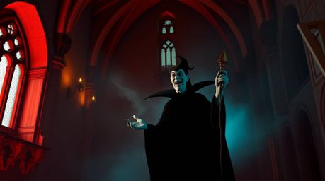 A captivating fine art photograph depicting a classic Disney villain casting a spell within an ancient castle. Warm terracot