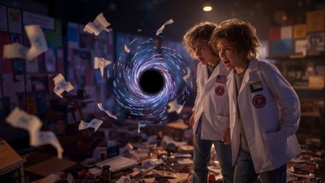 In a dramatic, high-contrast cinematic photograph, two excited science fair participants, a boy and a girl with diverse skin 