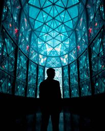 Explore captivating architectural photography featuring silhouetted subjects illuminated by a futuristic digital interface co
