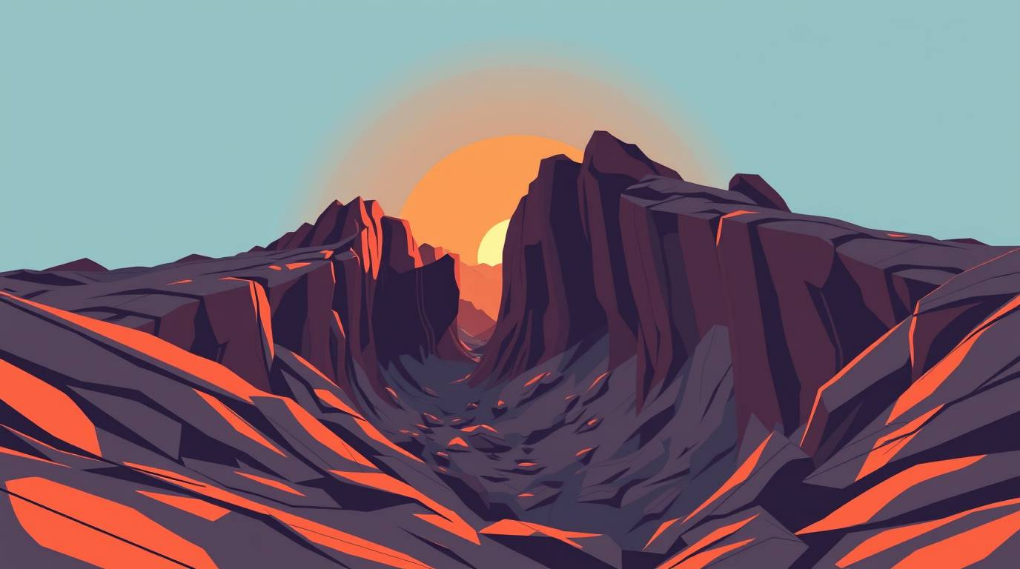 A captivating minimalist illustration depicting a rocky canyon at sunset.  This modern flat design showcases bold colors and 