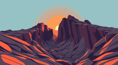 A captivating minimalist illustration depicting a rocky canyon at sunset.  This modern flat design showcases bold colors and 