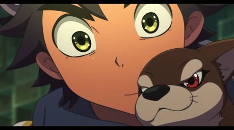 A captivating 16:9 anime-style close-up showcases a sarcastic animal sidekick with incredibly expressive eyes.  The image fea