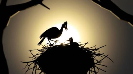 A captivating image showcasing two cartoon birds diligently constructing their nest. Rendered in a classic animation style,