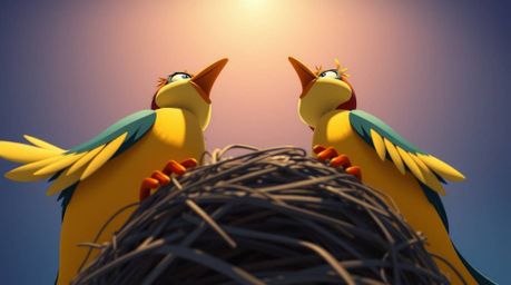 A captivating animation depicting two cartoon birds diligently constructing a nest. Shot from a dramatic low angle, the scen