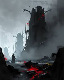 A high-contrast, low-key digital sketch brings a dynamic and painterly rendition of abstract shapes to life, complete with ca