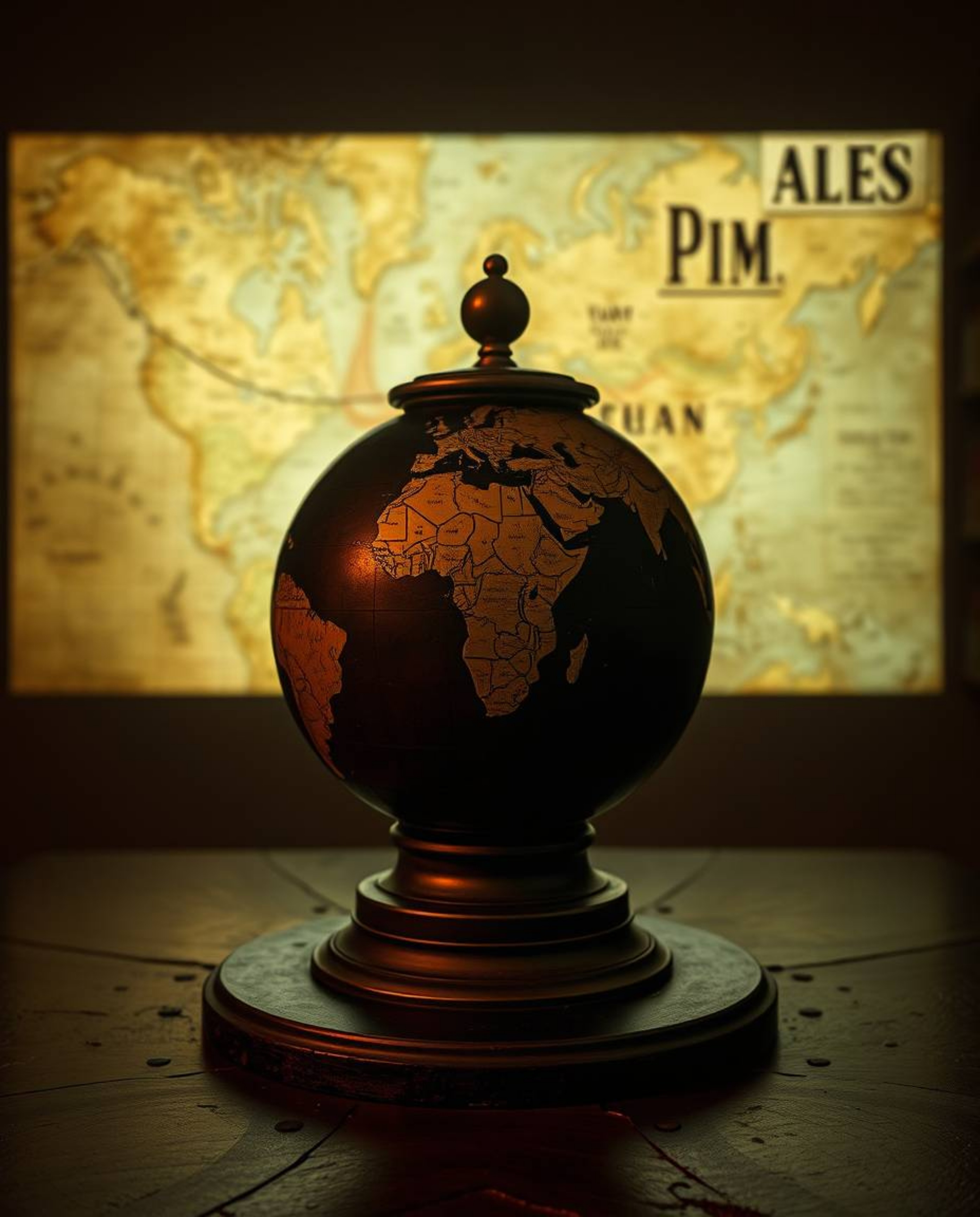 Immerse yourself in a dramatic cinematic scene featuring a cast bronze surface projecting a glowing map in an old study. The 