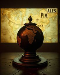 Immerse yourself in a dramatic cinematic scene featuring a cast bronze surface projecting a glowing map in an old study. The 