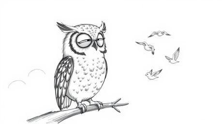 A charming hand-drawn sketch in Pixar style depicts a blind owl with a calm demeanor, patiently instructing small birds in th