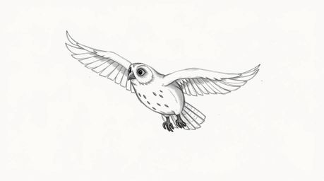 A heartwarming hand-drawn sketch in the Pixar style depicts a blind owl, mid-flight with trailing feathers, gently guiding bi
