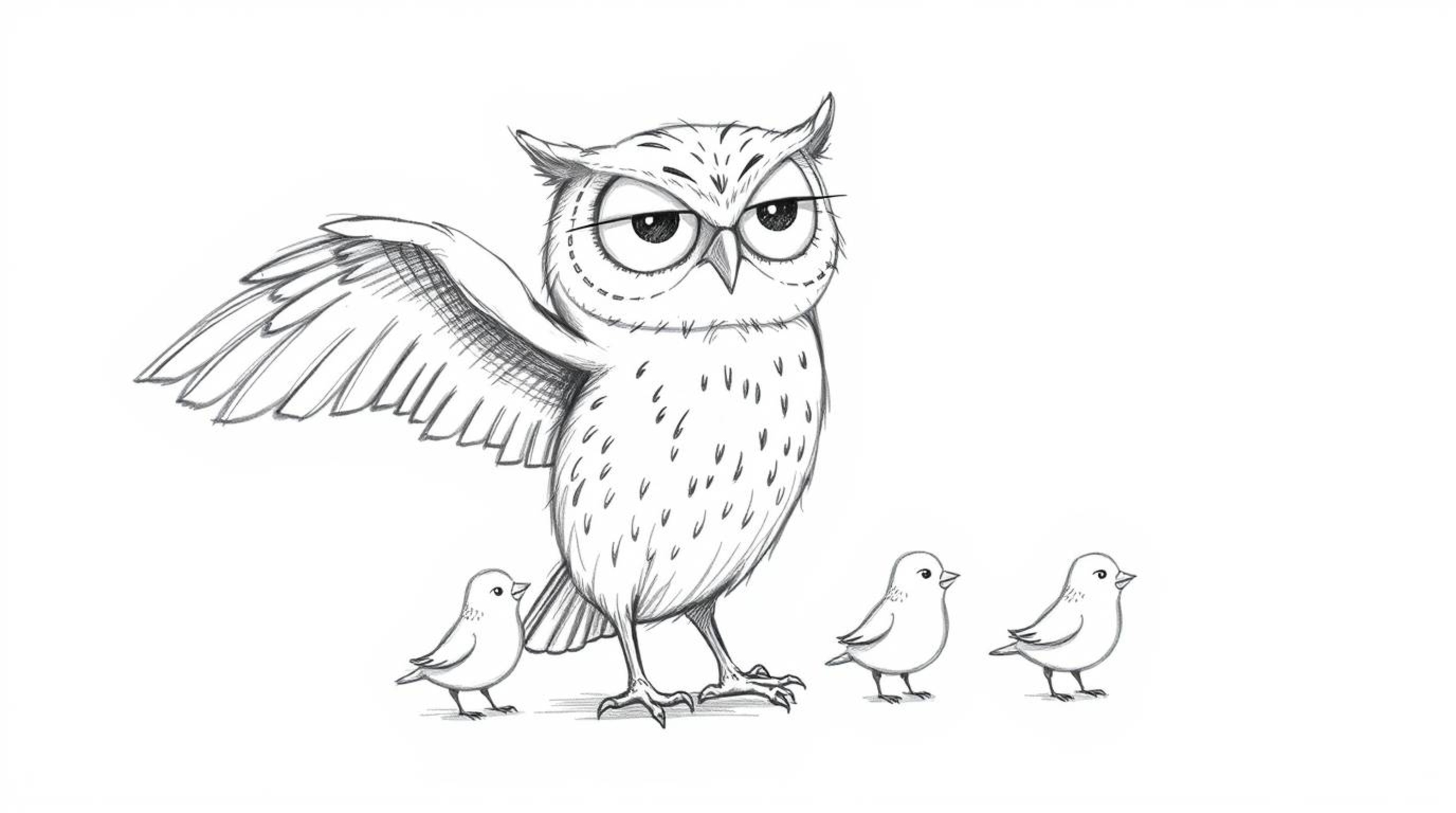 A heartwarming hand-drawn sketch in Pixar style depicting a blind owl with a gentle expression, tenderly guiding baby birds.