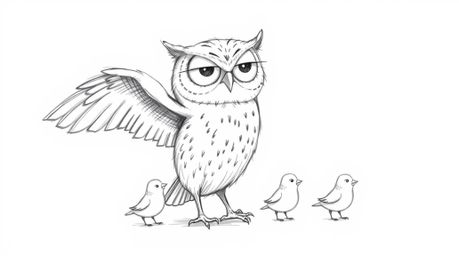 A heartwarming hand-drawn sketch in Pixar style depicting a blind owl with a gentle expression, tenderly guiding baby birds. 