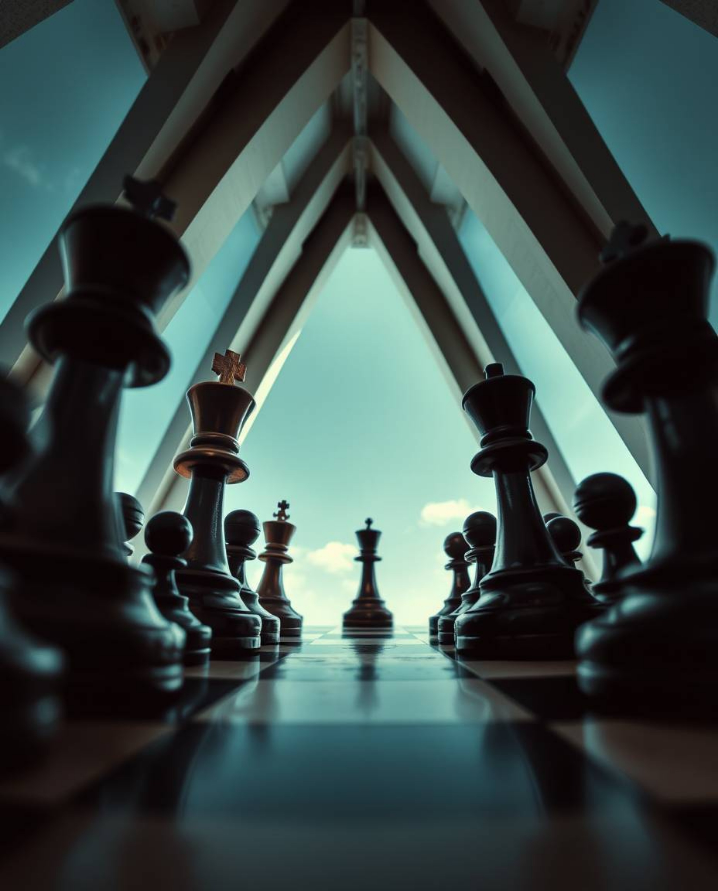 A captivating architectural photograph capturing the chaotic beauty of a chessboard frozen mid-destruction. The low-angle per