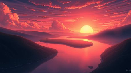 A captivating Isekai-style anime illustration showcases a winding river bathed in the soft, glowing light of a dramatic orang