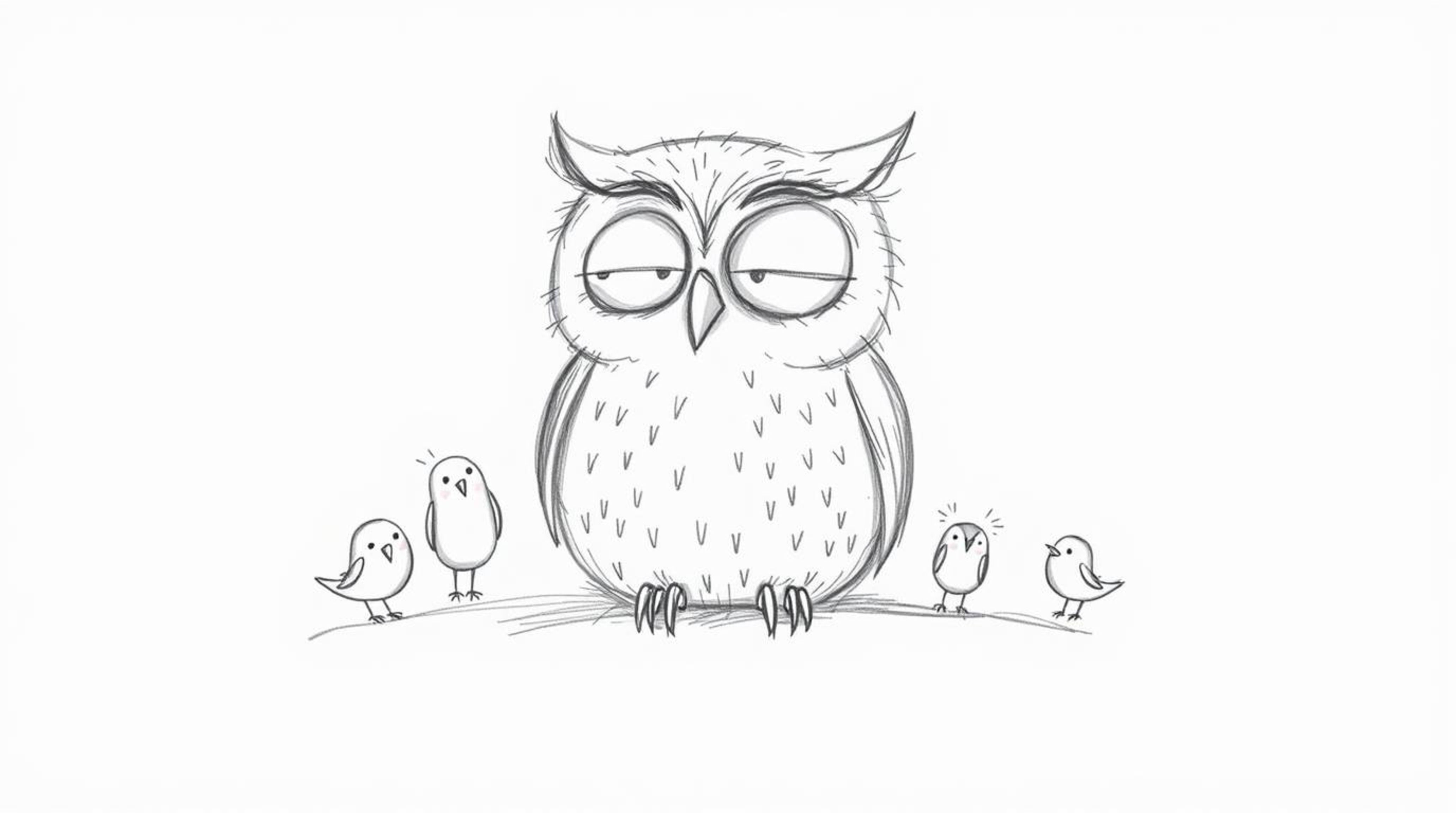 A heartwarming, hand-drawn sketch in the style of Pixar depicts a blind owl with gentle features, peacefully resting against 