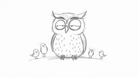 A heartwarming, hand-drawn sketch in the style of Pixar depicts a blind owl with gentle features, peacefully resting against 