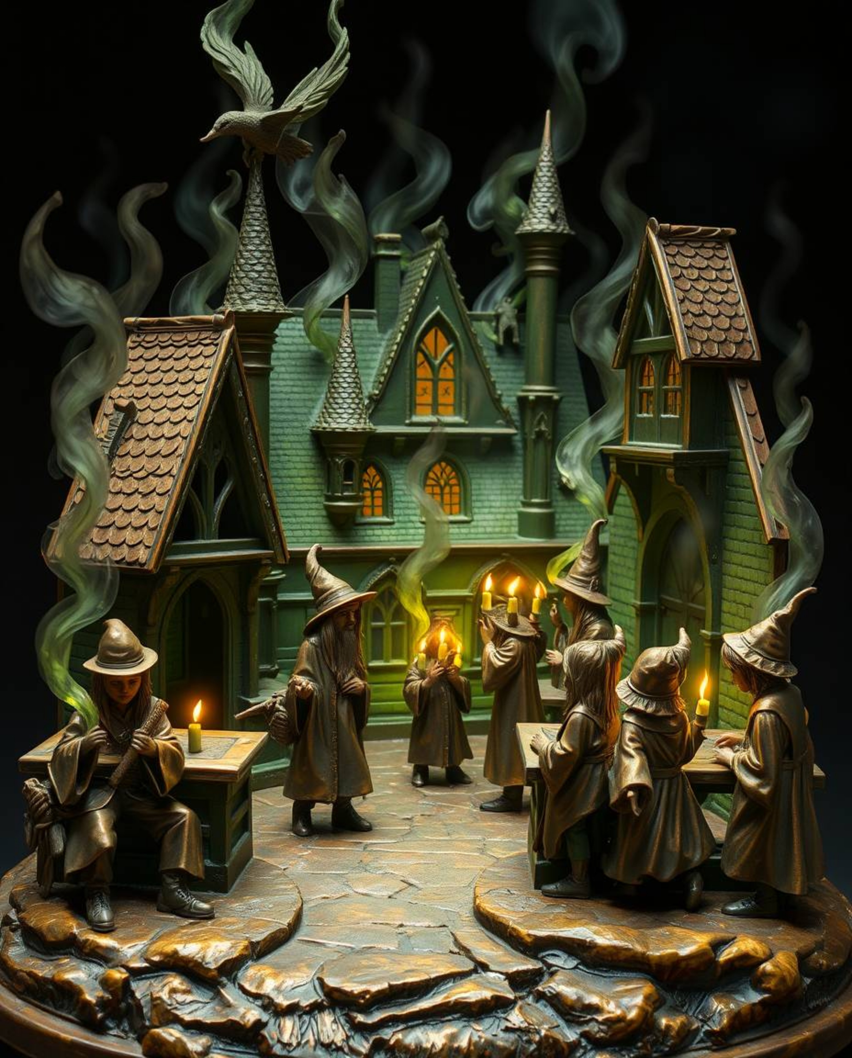 Discover a captivating cast bronze sculpture depicting a magical school brimming with young wizards.  The piece boasts an ant