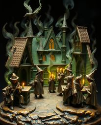 Discover a captivating cast bronze sculpture depicting a magical school brimming with young wizards.  The piece boasts an ant