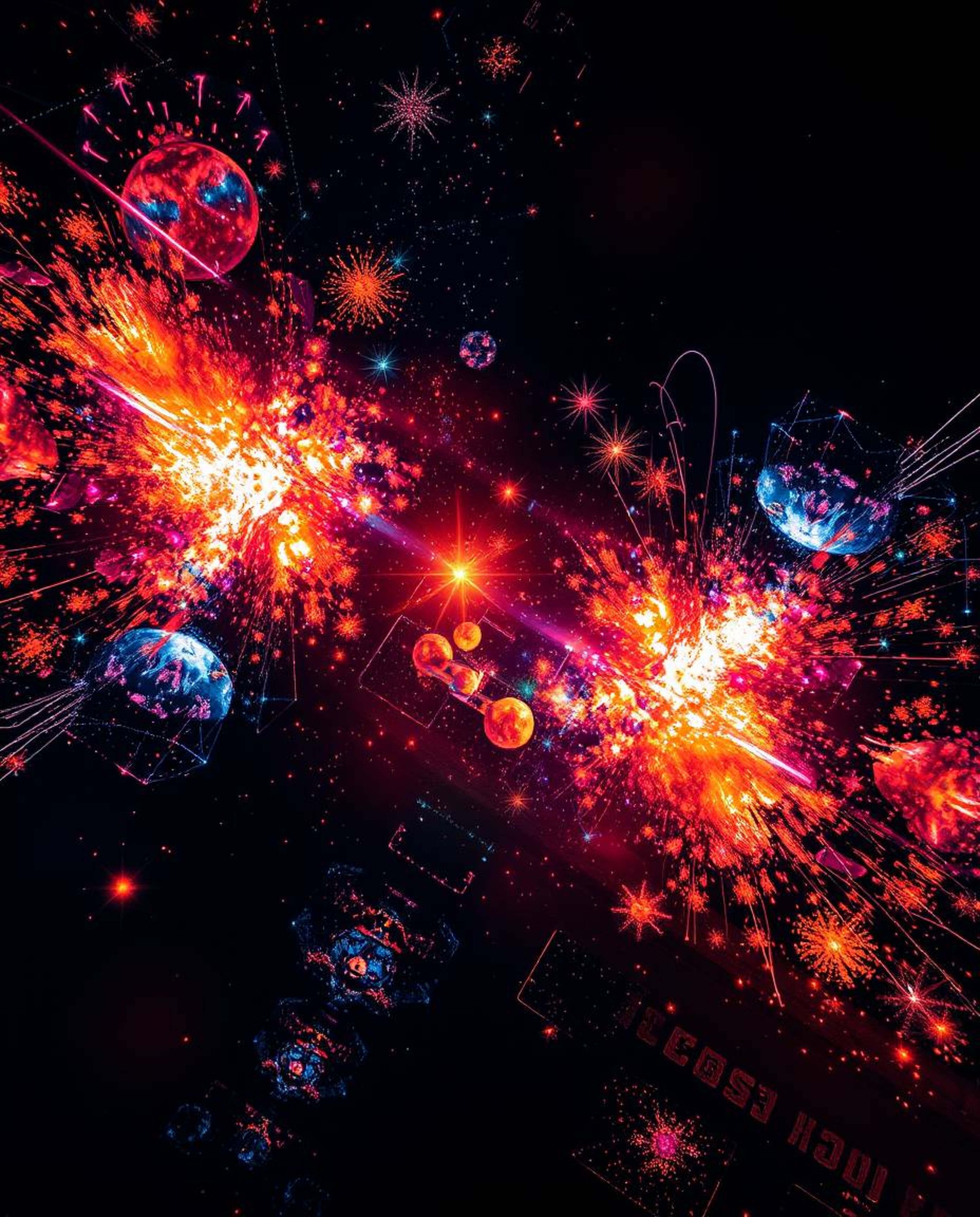 A captivating overhead shot reveals a breathtaking collision of galaxies, exploding in a vibrant spectacle of light and color