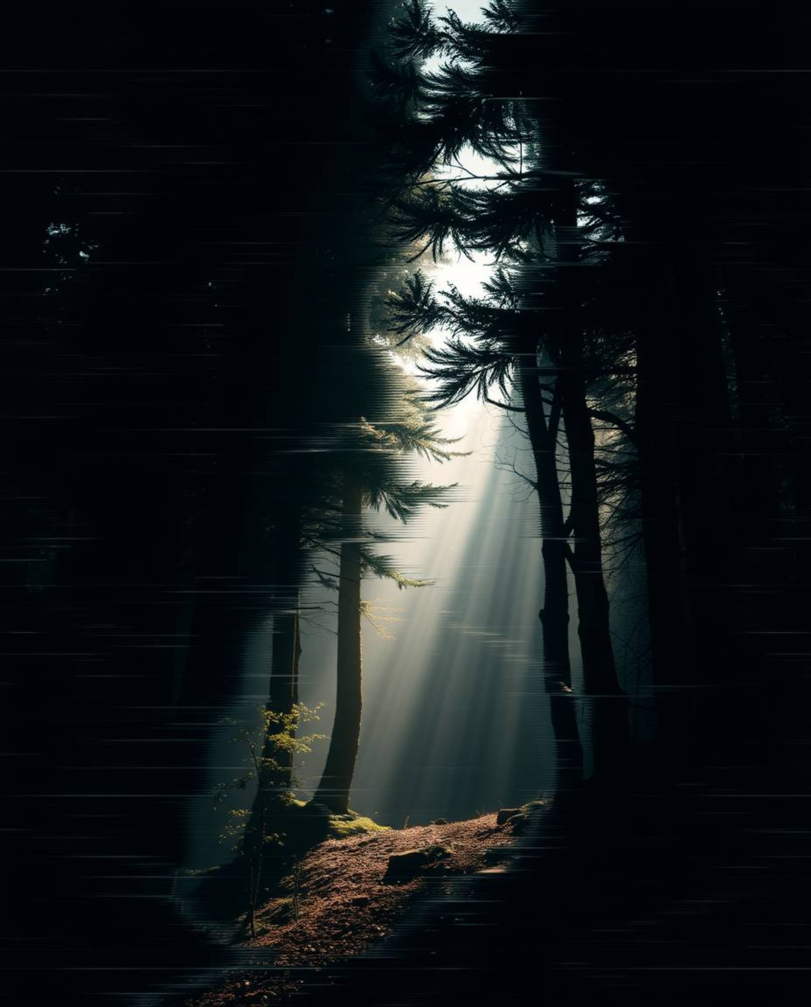 Explore a captivating digital glitch seamlessly integrated into a natural forest scene, creating a surreal contrast that mesm