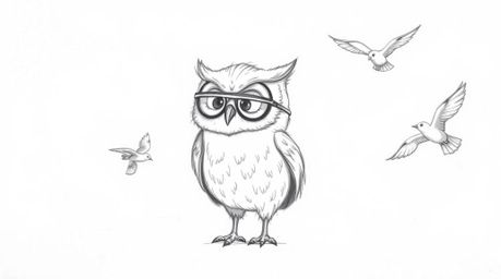 A charming hand-drawn pencil sketch depicts a blind owl, in the style of Pixar animation, guiding birds in flight.  The rough