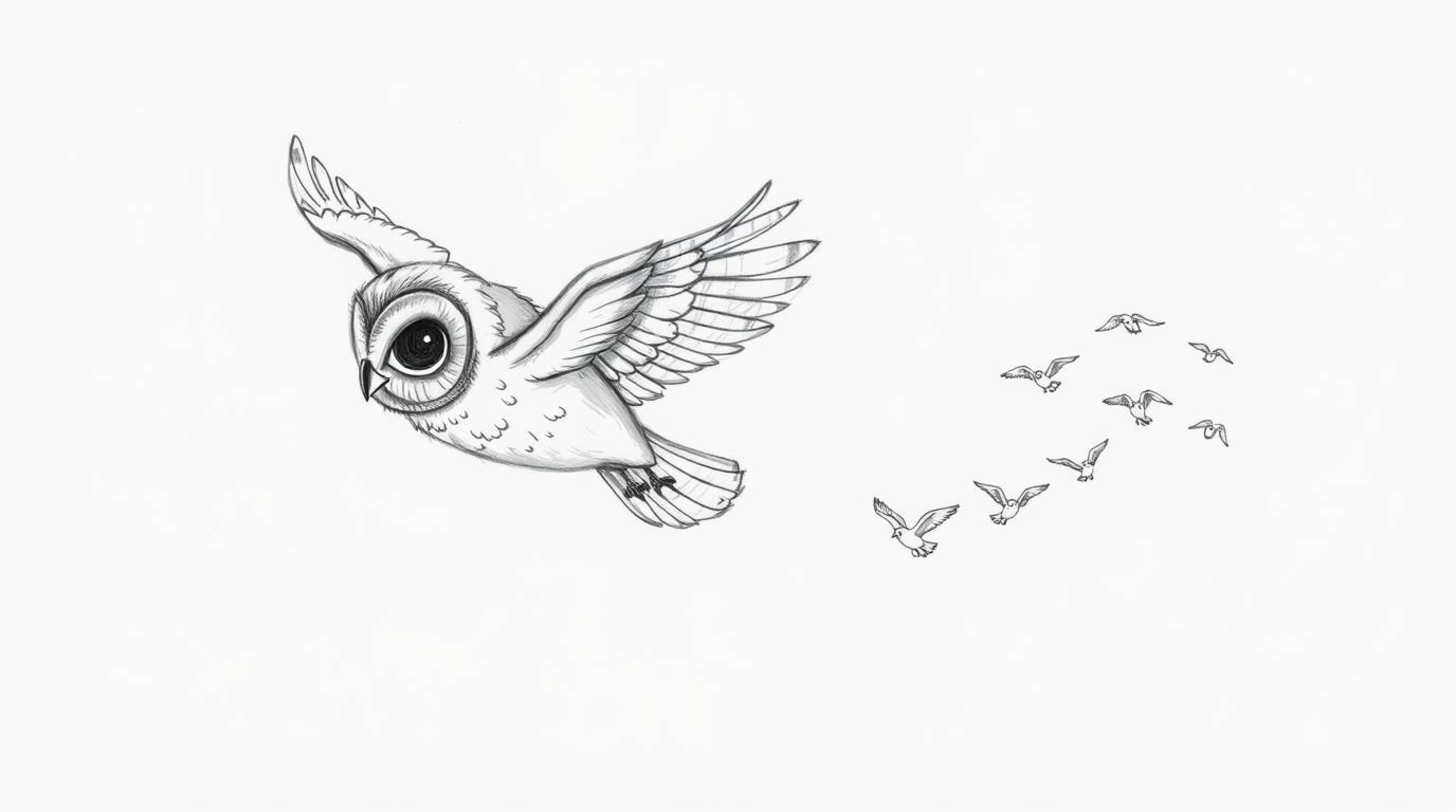 A Pixar-style hand-drawn sketch depicts a blind owl with intricate feather details gliding effortlessly. Several small birds 