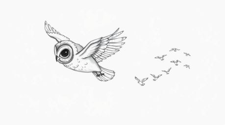 A Pixar-style hand-drawn sketch depicts a blind owl with intricate feather details gliding effortlessly. Several small birds 
