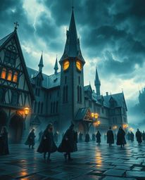 Immerse yourself in a grand and epic scene of a magical school teeming with young wizards, all set against a dramatic backdro
