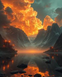 An epic scene in a modern future setting merges with dreamlike, surreal imagery and fantastical elements. The atmosphere is i